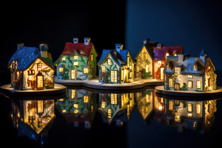 Miniature houses on black background with reflection. Christmas and New Year concept.の素材
