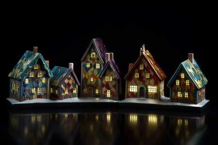 Miniature houses on black background. Christmas and New Year concept.の素材