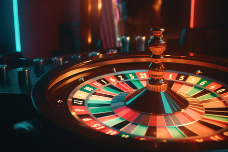 Casino roulette wheel. Roulette wheel on dark background.の素材