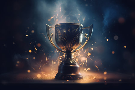 Trophy cup with fire and smoke on dark background. Award concept.の素材
