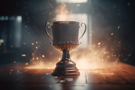 Trophy cup on a dark background with smoke and fire. Award concept.の素材