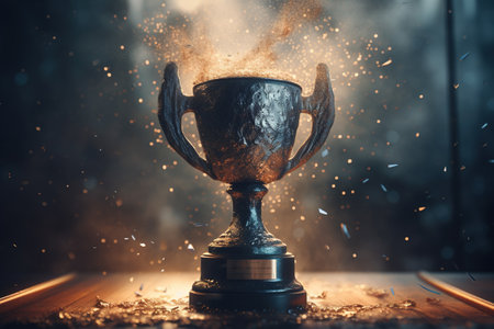 Achievement or success concept. Golden trophy cup on dark background.の素材