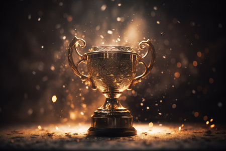 Golden trophy cup on dark background. Award concept. Selective focusの素材