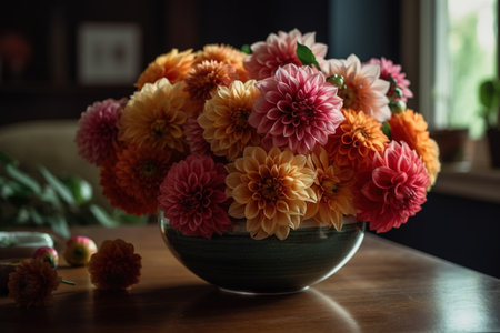 Bouquet of dahlias in a vase on the tableの素材