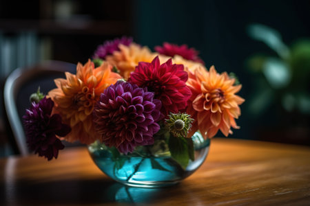 Colorful dahlia flowers in glass vase on wooden tableの素材