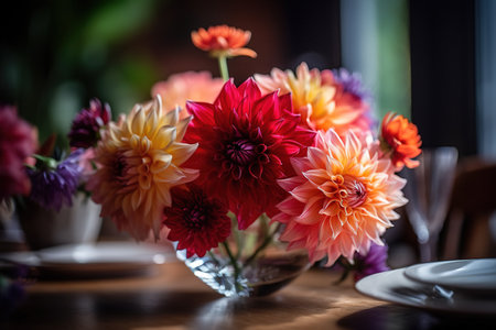 Colorful dahlia flowers in vase on wooden table.の素材