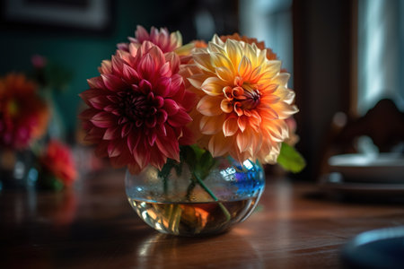 Dahlia flowers in glass vase on wooden table. Selective focus.の素材