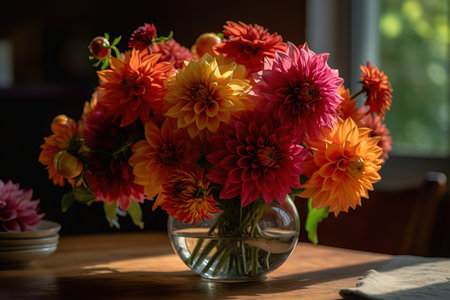 Bouquet of dahlias in a vase on the tableの素材