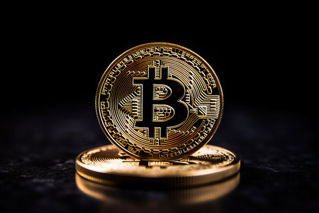 Golden bitcoin on a dark background. Digital currency. Cryptocurrency.の素材