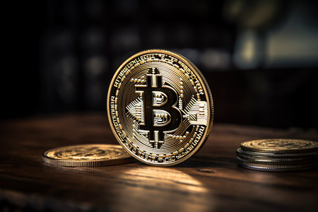 Golden bitcoin on wooden table. Cryptocurrency concept. 3D Renderingの素材