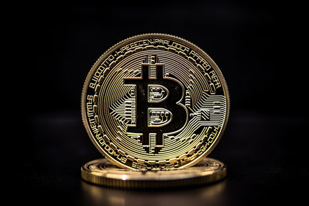 Golden bitcoin on black background. Cryptocurrency concept. Close up.の素材