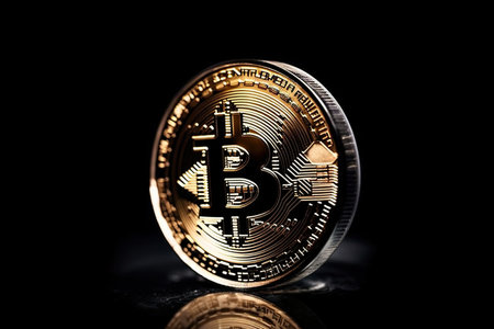 Golden Bitcoin on a black background. Cryptocurrency. Digital currency.の素材