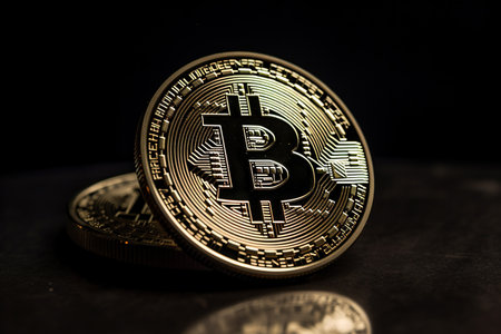 Golden bitcoin on a black background. Cryptocurrency. Digital currency.の素材