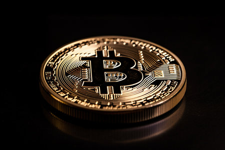 Golden bitcoin on a black background. Cryptocurrency. Close-up.の素材