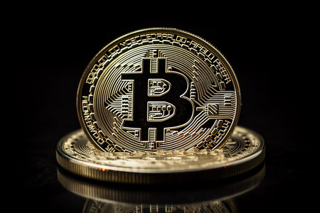 Golden bitcoin on a black background. Cryptocurrency. Digital currency.の素材