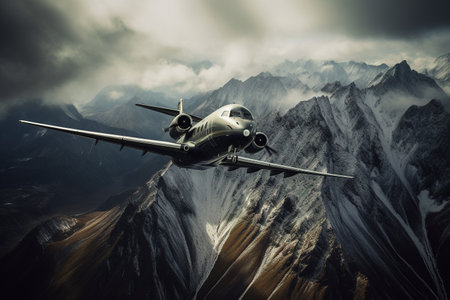 Airplane flying in the clouds over mountains. 3d illustration.の素材