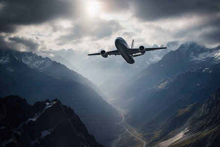 Airplane flying in the mountains. 3d rendering toned imageの素材