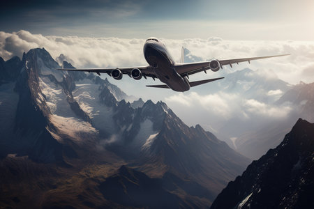 Airplane flying in the clouds. 3d rendering toned imageの素材