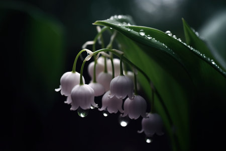 Lily of the valley flowers with raindrops on dark background.の素材