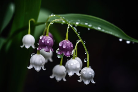Beautiful lily of the valley flowers with raindrops on dark backgroundの素材