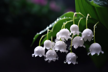 Lily of the valley on a dark background with water drops.の素材