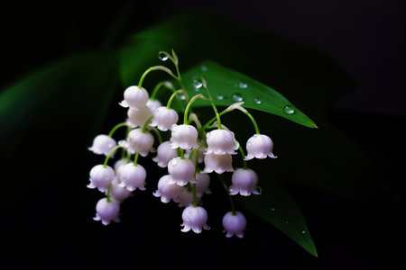 lily of the valley on a black background with water dropletsの素材