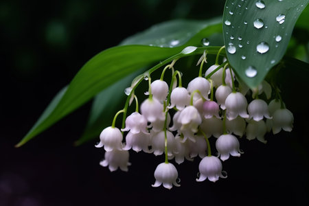 Lily of the valley on a dark background with water drops.の素材