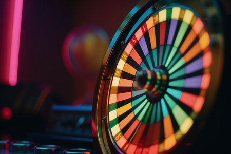 Casino roulette wheel on dark background with red and green lightsの素材