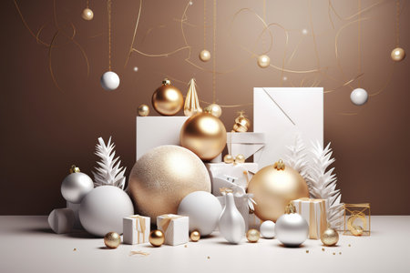 Christmas and New Year background with balls, gifts and decorations. 3d renderingの素材