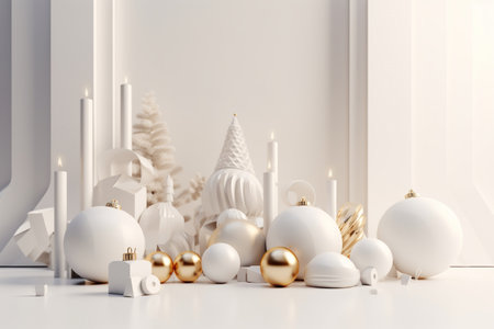 Christmas or New Year background with white and gold decorations. 3d rendering.の素材