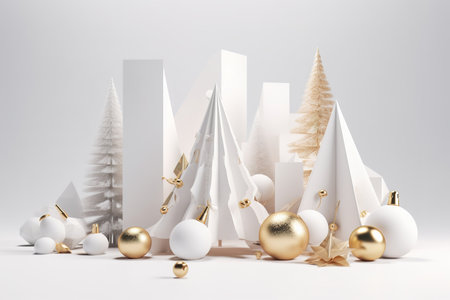3d render of white and golden christmas tree on white backgroundの素材
