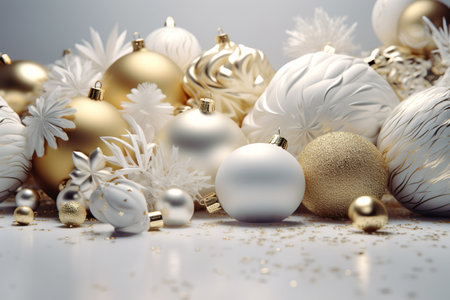 White and gold christmas balls on white background. 3d renderingの素材