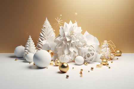 Christmas background with white and gold ornaments. 3D renderingの素材