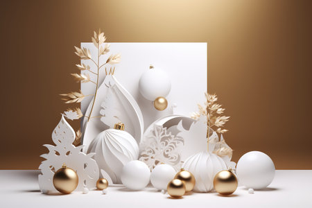 3d render, abstract christmas background, white and gold decorationの素材