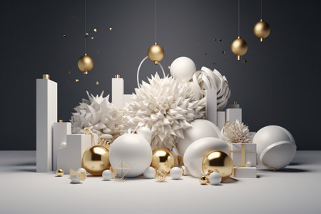 3d render of abstract Christmas background with white and golden decorations.の素材