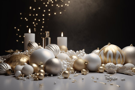 Christmas background with baubles, candles and confetti. 3d renderingの素材