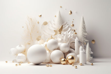 Christmas and New Year background with white and golden decorations. 3d renderingの素材