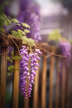 Wisteria flower in the garden. Selective focus with shallow depth of field.の素材