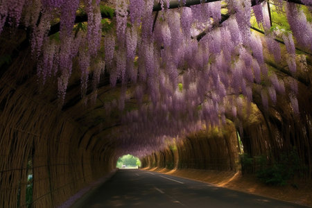 Wisteria tunnel in Tokyo, Japan. Wisteria is a genus of flowering plants in the Fabaceae family.の素材