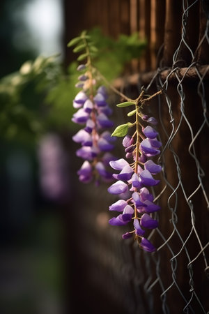 purple wisteria flowers hanging on the fence, selective focusの素材
