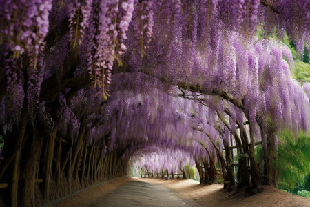 Wisteria flowers in full bloom along a road in spring.の素材
