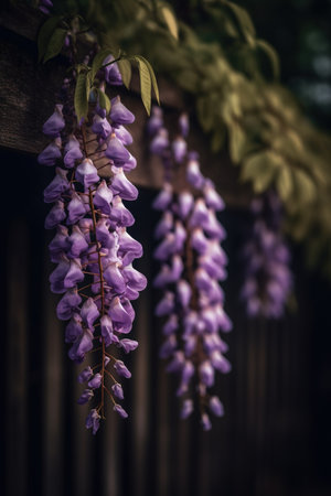 Wisteria flowers on a wooden fence in the garden. Selective focus.の素材
