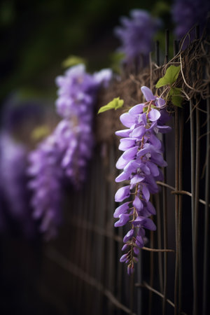 Wisteria flowers on a fence in the garden. Selective focus.の素材