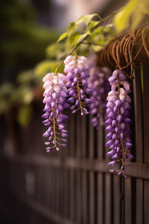 Wisteria flowers hanging on the fence. Selective focus.の素材