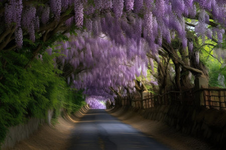 Wisteria flowers in full bloom along a country road in springの素材