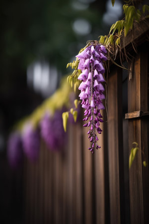 Purple wisteria flowers hanging on a wooden fence in the gardenの素材