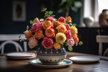 Colorful roses in vase on wooden table in living room.の素材