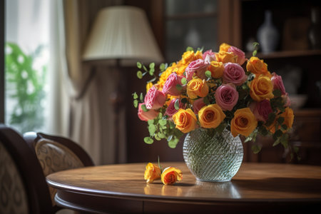 Bouquet of roses in a vase on a wooden tableの素材