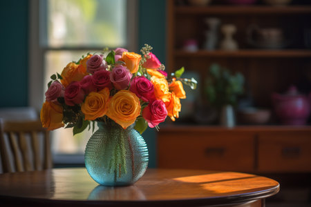 Bouquet of colorful roses in vase on the table.の素材