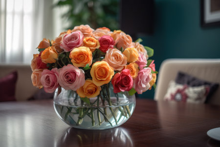 A bouquet of roses in a glass vase on the tableの素材
